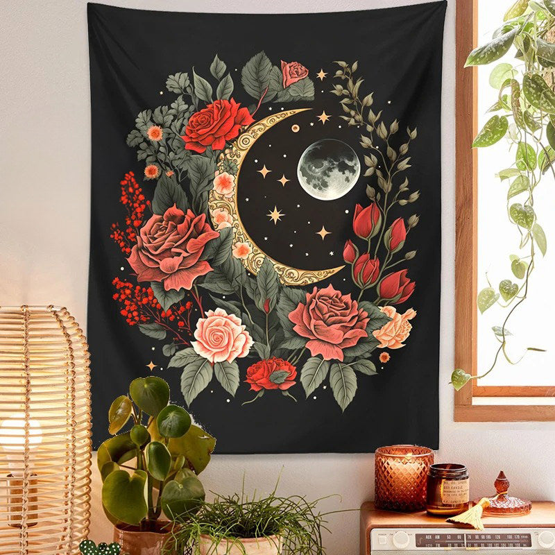 vintage gold moon in pale red roses print decorative wall hanging tapestry roomtery