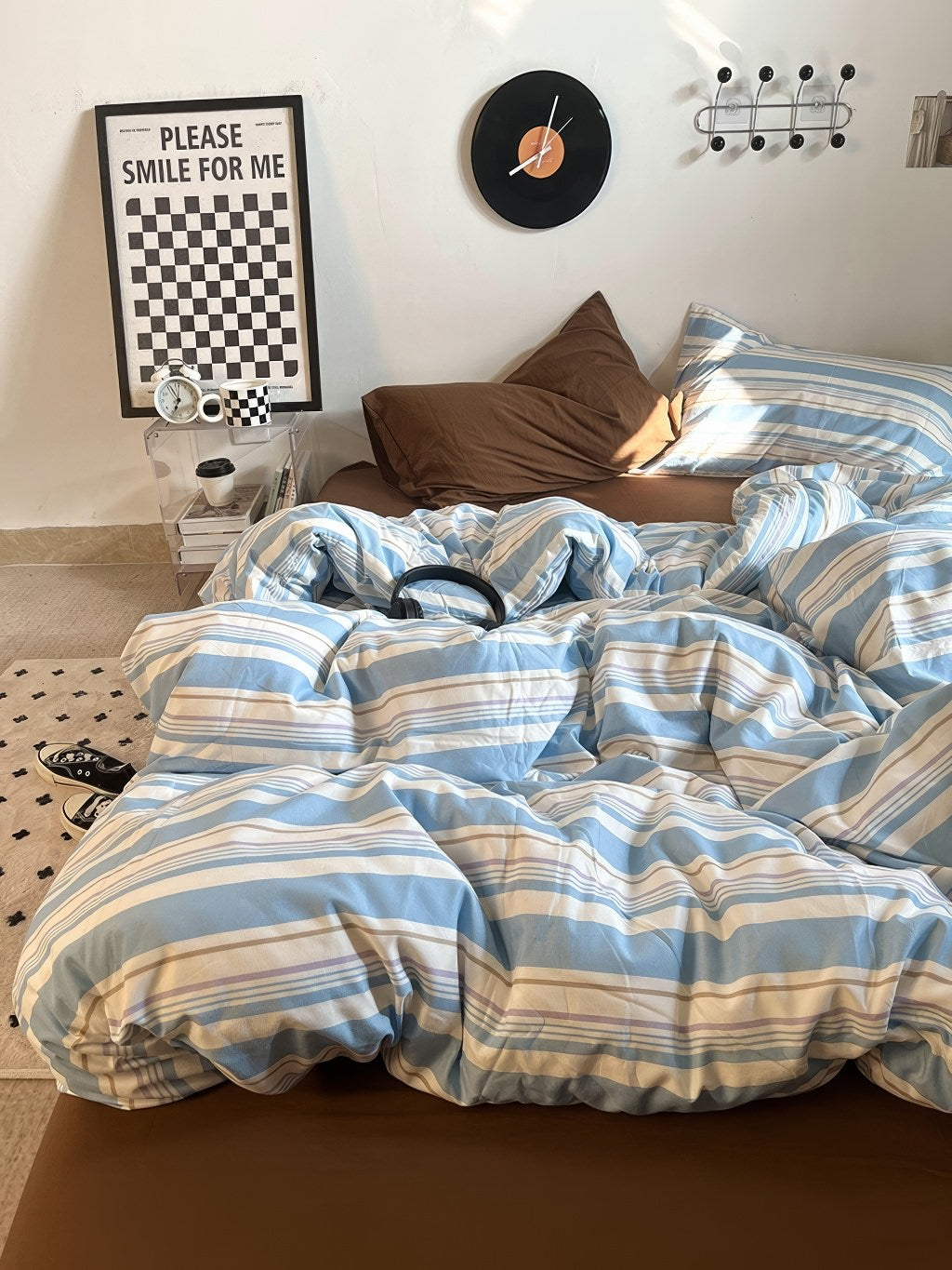 vintage pastel blue stripes bedding duvet cover set