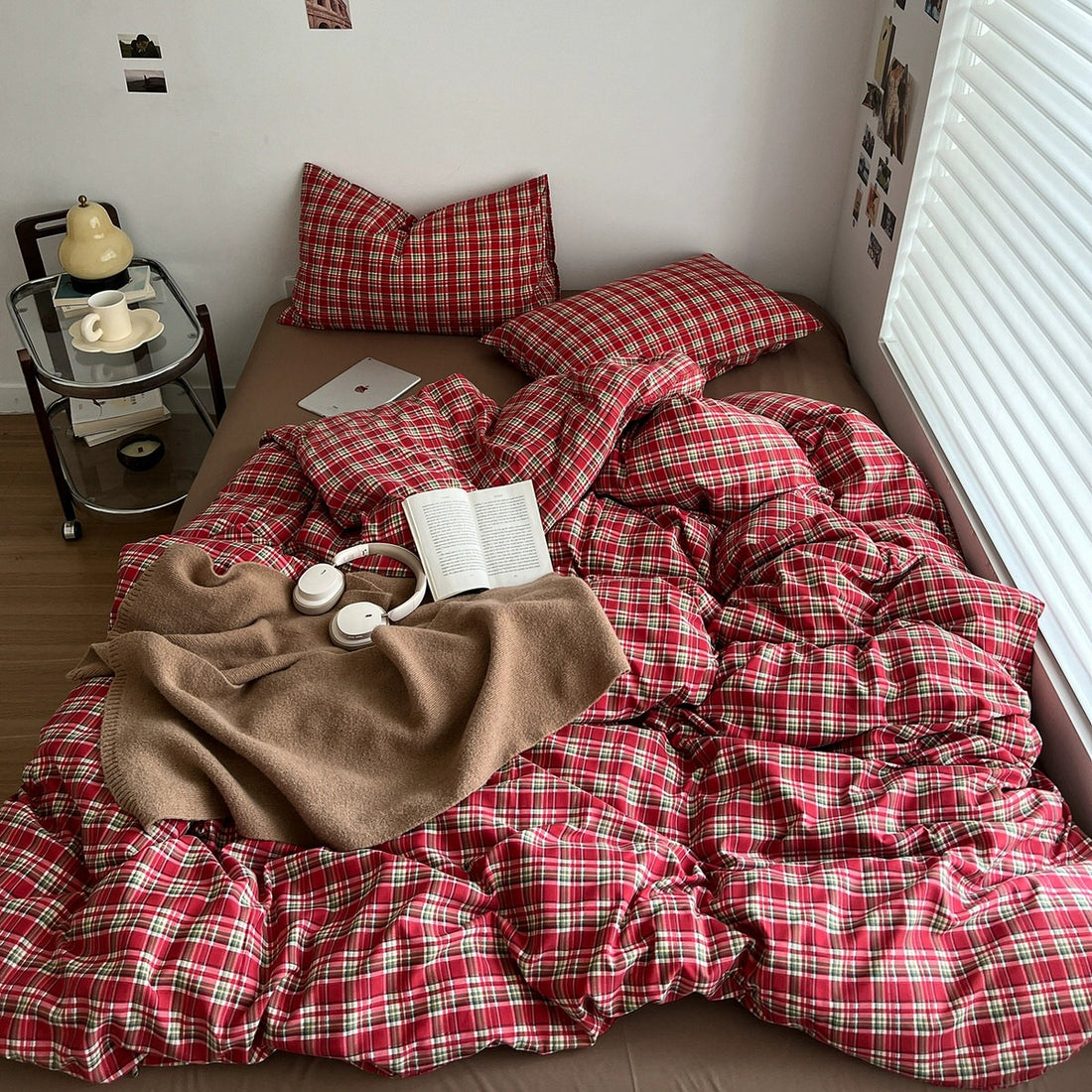 red plaid bedding duvet cover set for vintage cottagecore aesthetic rooms