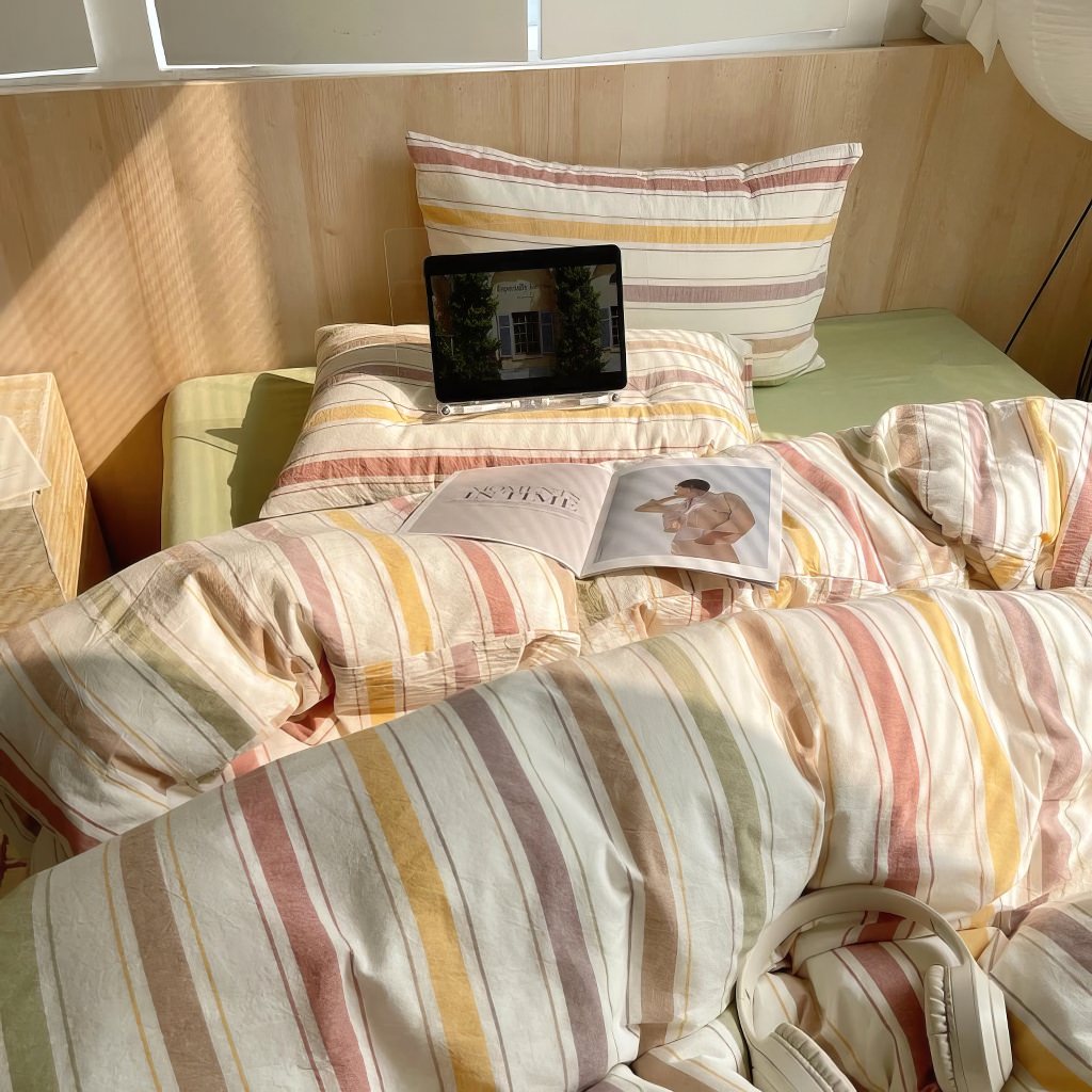 pastel brown vintage striped bedding duvet set in cotton