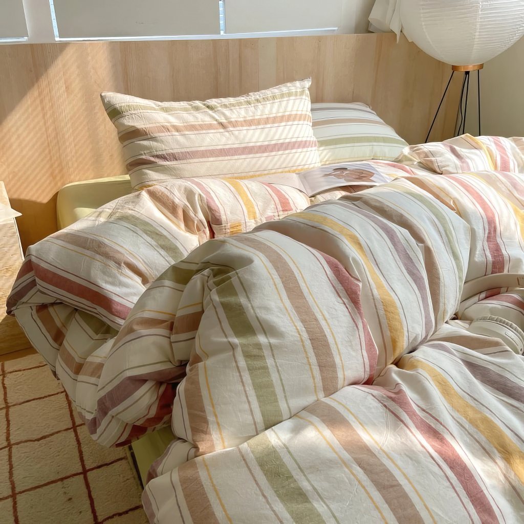 pastel brown vintage striped bedding duvet set in cotton