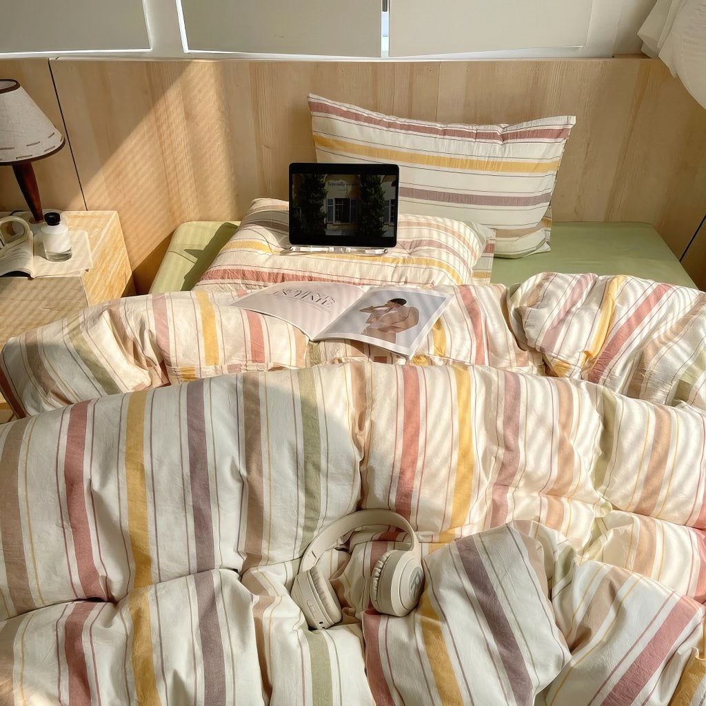 pastel brown vintage striped bedding duvet set in cotton