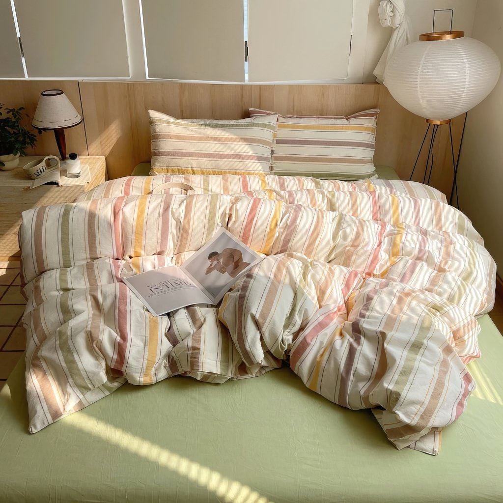 pastel brown vintage striped bedding duvet set in cotton