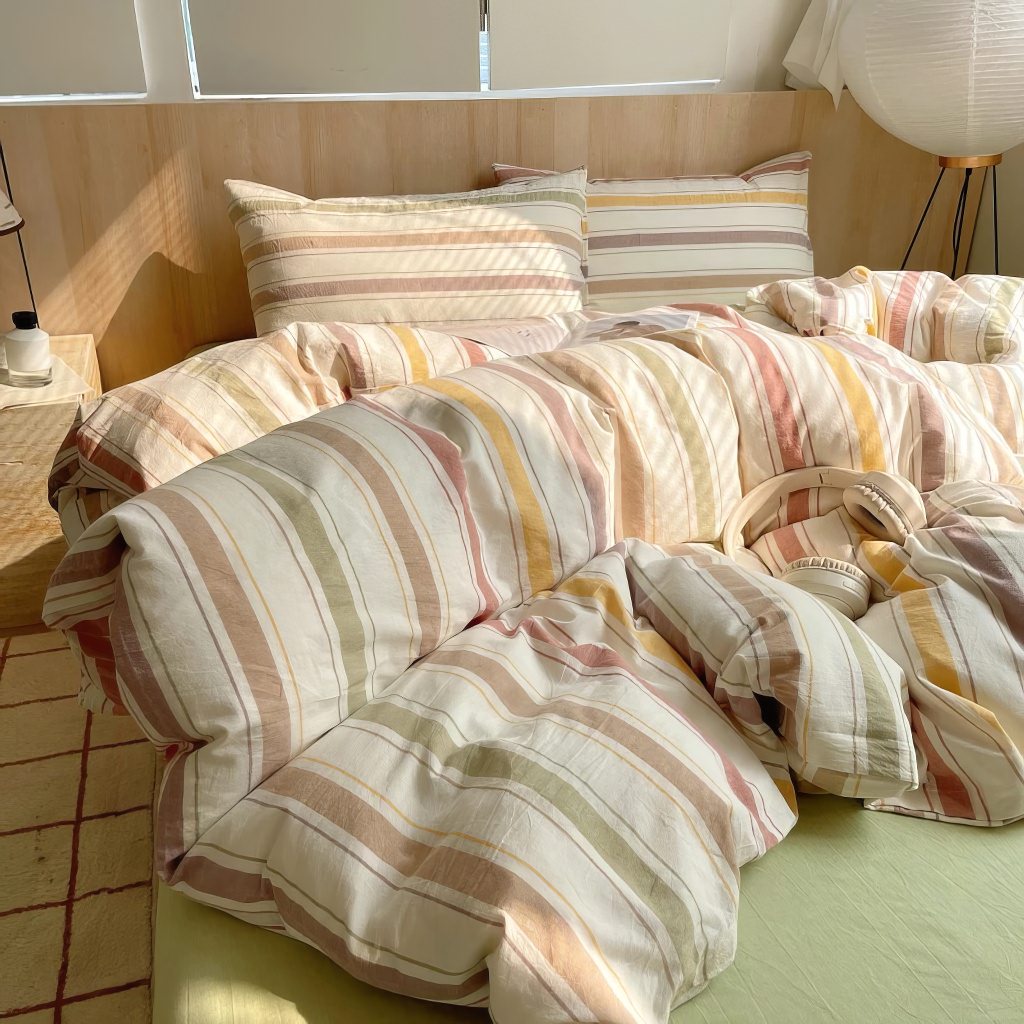 pastel brown vintage striped bedding duvet set in cotton