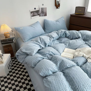 cute waffle stripes textured aesthetic bedding duvet cover set