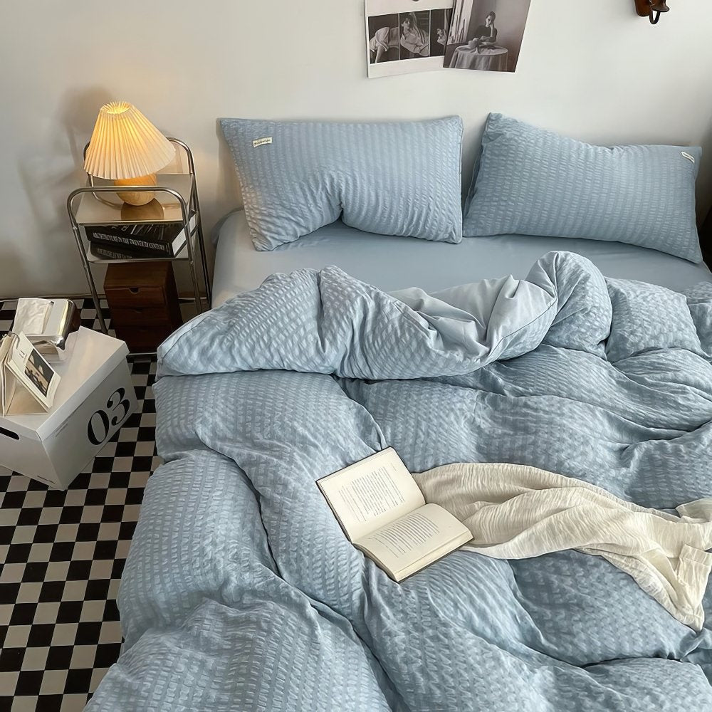 cute waffle stripes textured aesthetic bedding duvet cover set