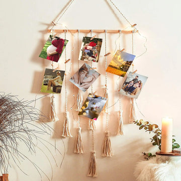 wall hanging macrame photo display with lights boho aesthetic room decor roomtery