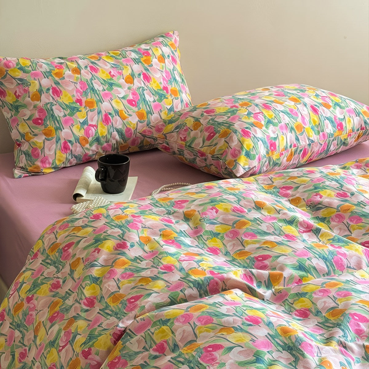 watercolor pastel tulips printed duvet cover bedding set