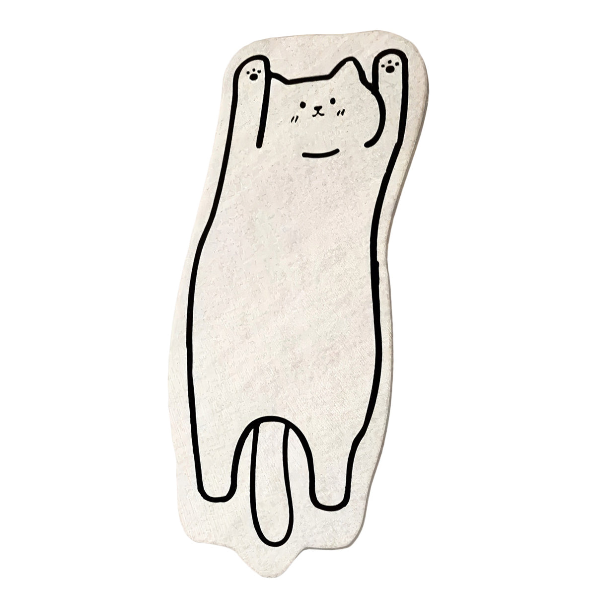 A soft, white floor mat shaped like a stretched-out cat with a simple black outline