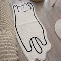 A soft, white floor mat shaped like a stretched-out cat with a simple black outline