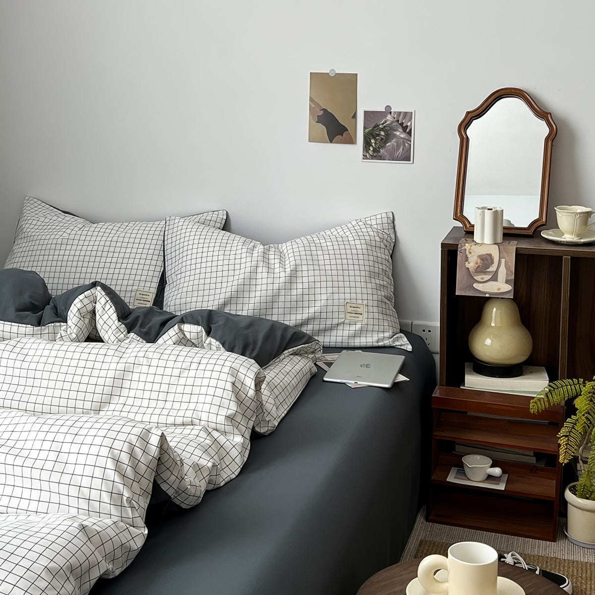 white minimalist grid check print aesthetic duvet cover bedding set