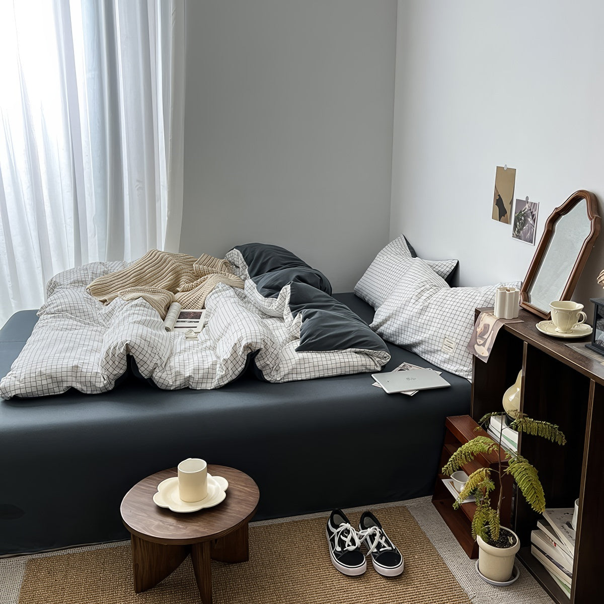 white minimalist grid check print aesthetic duvet cover bedding set