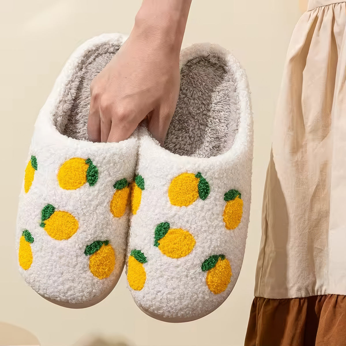 yellow lemons print soft plush texture aesthetic house slippers