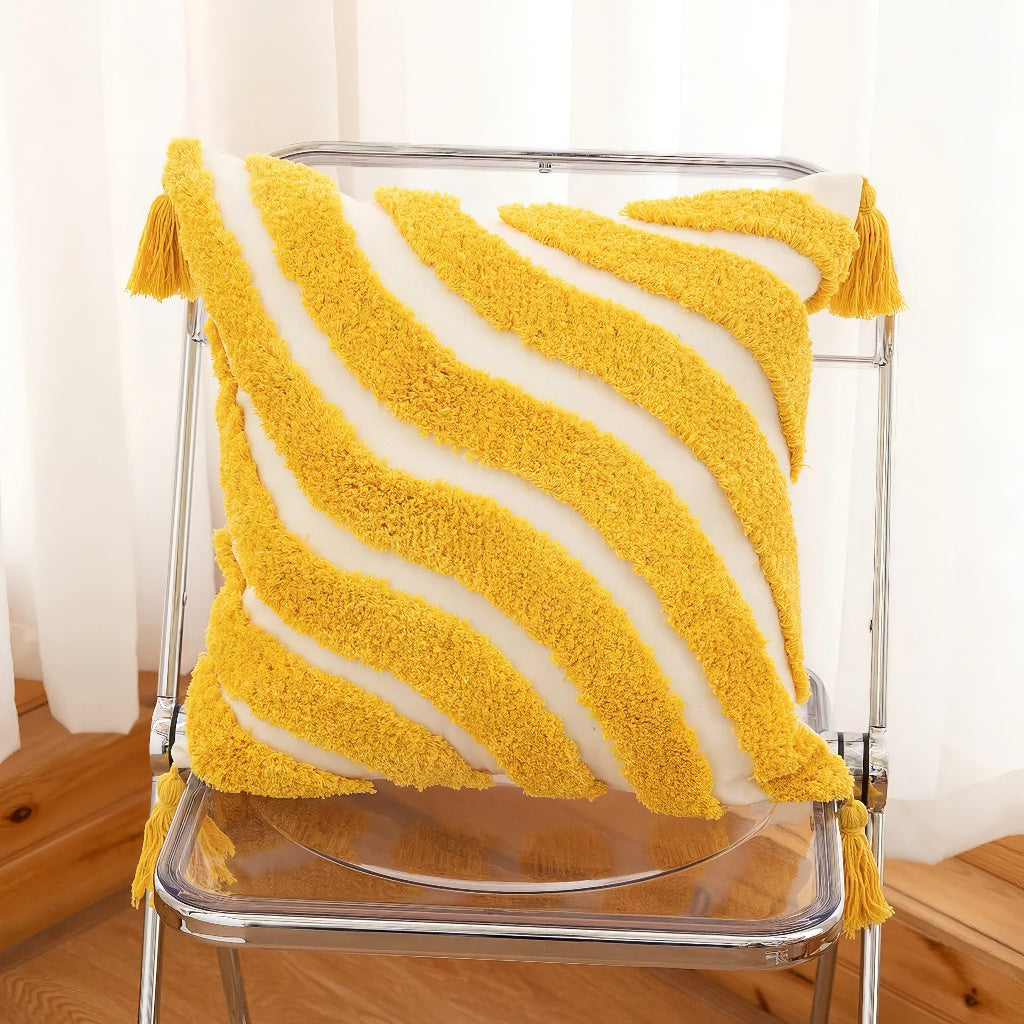 yellow groovy wavy striped tufted cushion cover