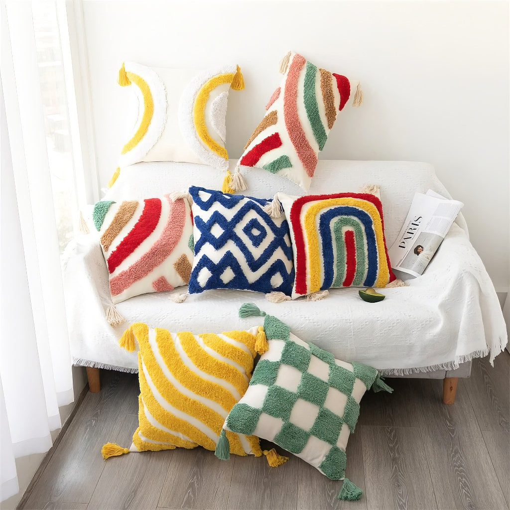 yellow groovy wavy striped tufted cushion cover