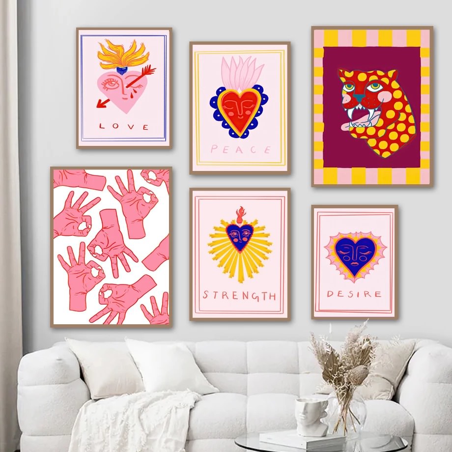 Abstract Pink Leopard Eyes Hand Heart Tiger Flower Wall Art Print Canvas Painting Nordic Poster Decor Pictures aesthetic posters roomtery