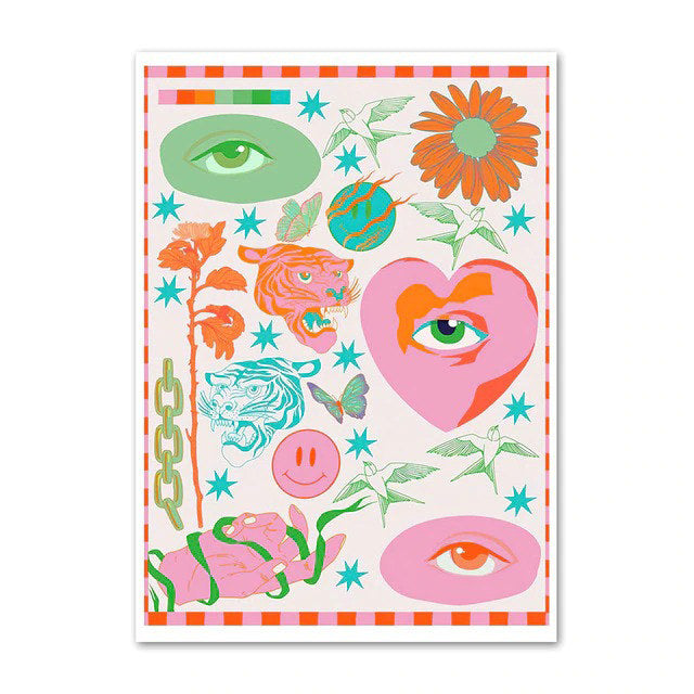 Abstract Pink Leopard Eyes Hand Heart Tiger Flower Wall Art Print Canvas Painting Nordic Poster Decor Pictures aesthetic posters roomtery