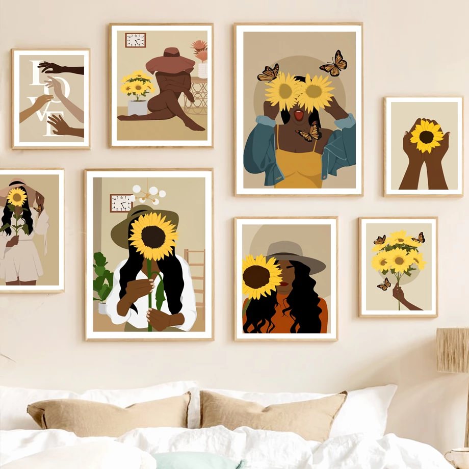 boho aesthetic women with sunflowers wall art illustrations gallery wall aesthetic posters roomtery
