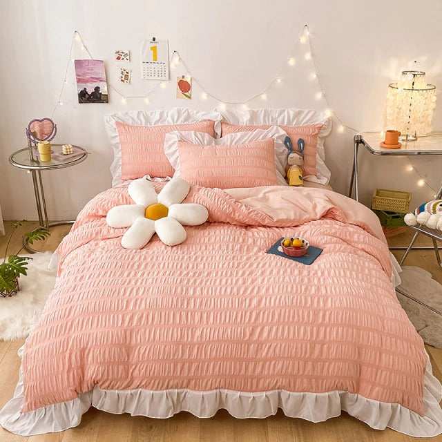 aesthetic bedroom pink ribbed ruffle bedding set roomtery