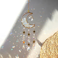 amethyst crystal decorated moon shaped suncatcher light catcher hanging wall decor aesthetic fairycore moon sun catcher roomtery