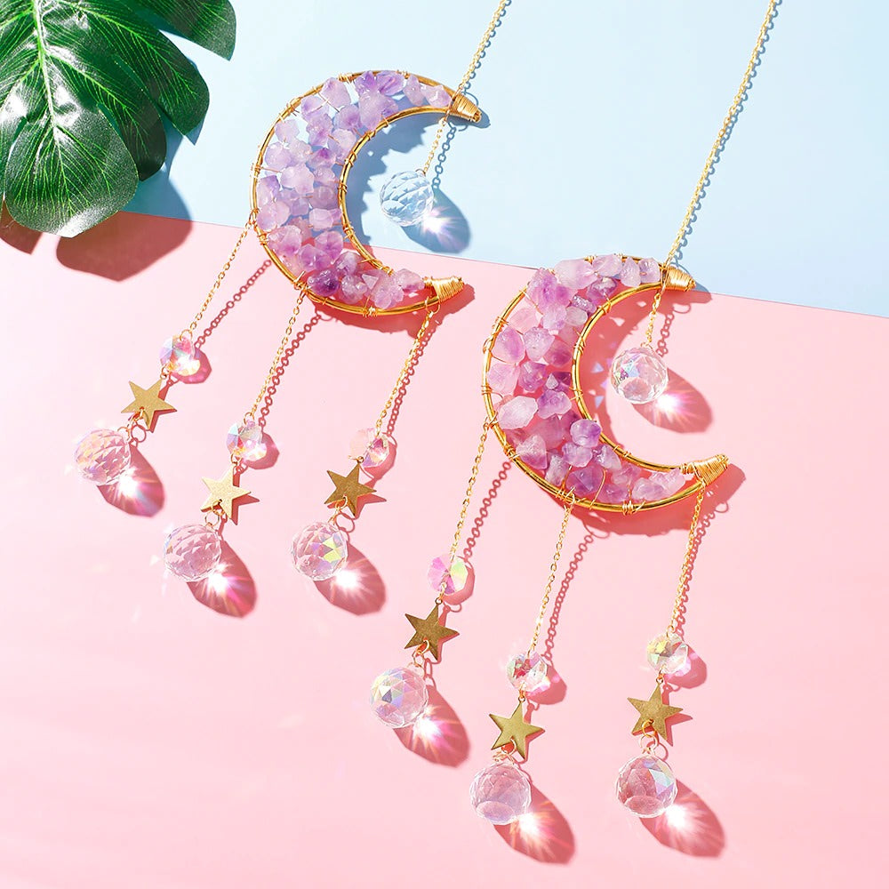 amethyst crystal decorated moon shaped suncatcher light catcher hanging wall decor aesthetic fairycore moon sun catcher roomtery