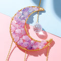 amethyst crystal decorated moon shaped suncatcher light catcher hanging wall decor aesthetic fairycore moon sun catcher roomtery