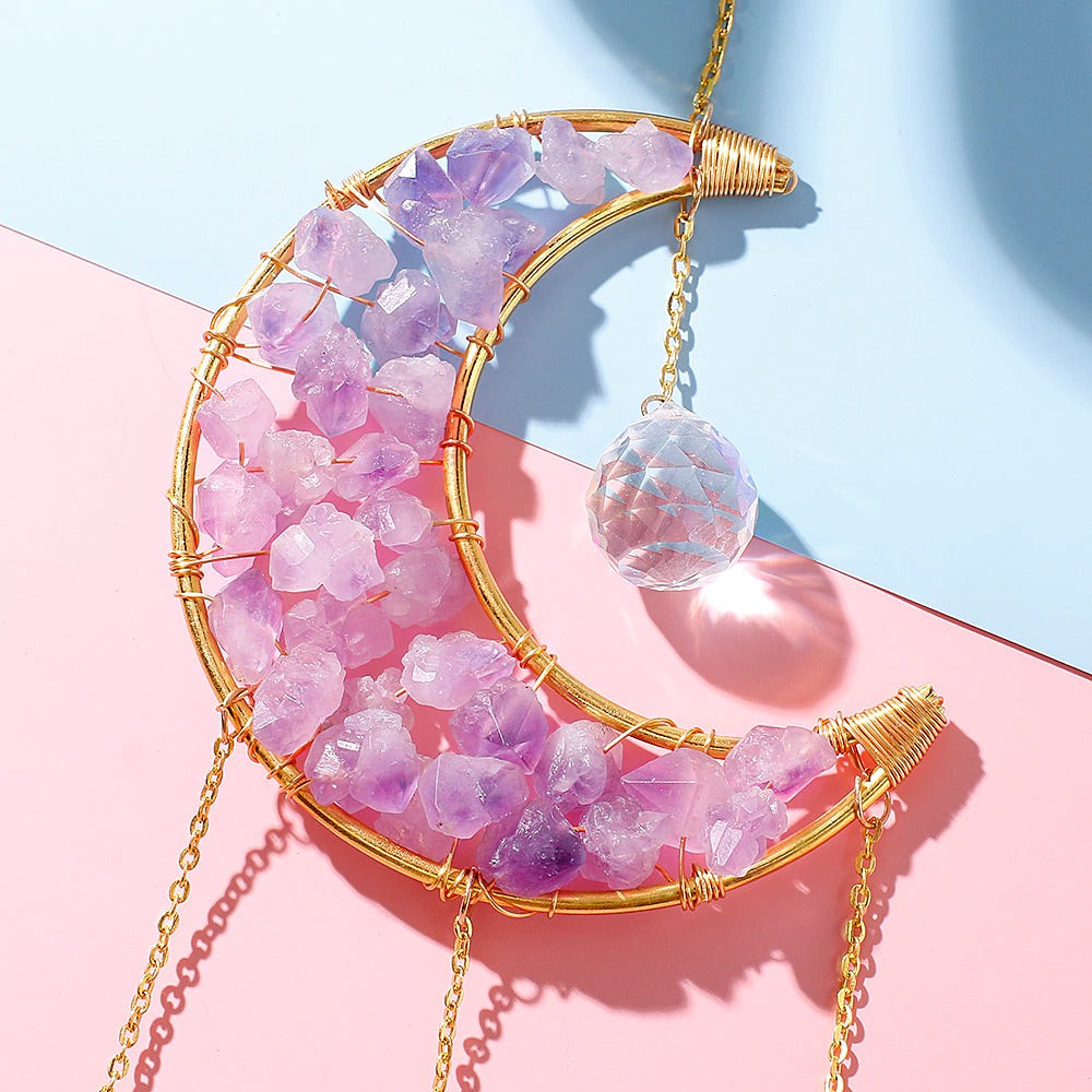 amethyst crystal decorated moon shaped suncatcher light catcher hanging wall decor aesthetic fairycore moon sun catcher roomtery