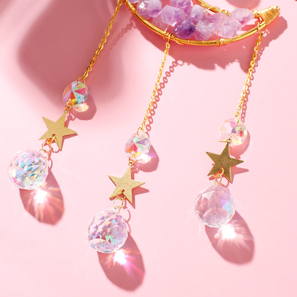 amethyst crystal decorated moon shaped suncatcher light catcher hanging wall decor aesthetic fairycore moon sun catcher roomtery