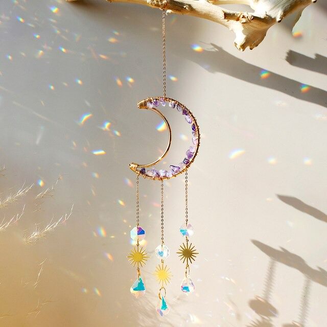 amethyst crystal decorated moon shaped suncatcher light catcher hanging wall decor aesthetic fairycore moon sun catcher roomtery