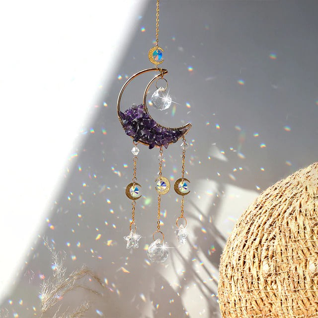 amethyst crystal decorated moon shaped suncatcher light catcher hanging wall decor aesthetic fairycore moon sun catcher roomtery