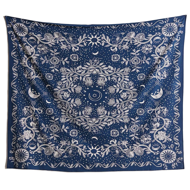 dark blue moon floral mandala big wall tapestry fairy room aesthetic roomtery