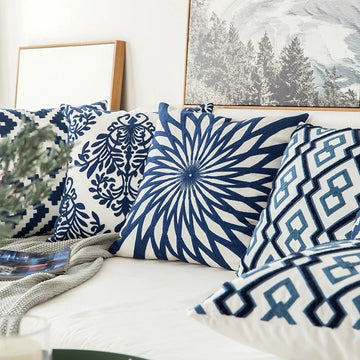 blue moroccan ornaments embroidery cushion cover pillow case aesthetic room decor roomtery
