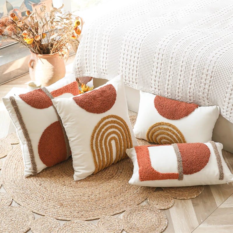 Boho Cushion Cover Tufted Orange Ivory Tassels Warm Color Decoration Pillow  Cover Living Room Bedroom Sofa