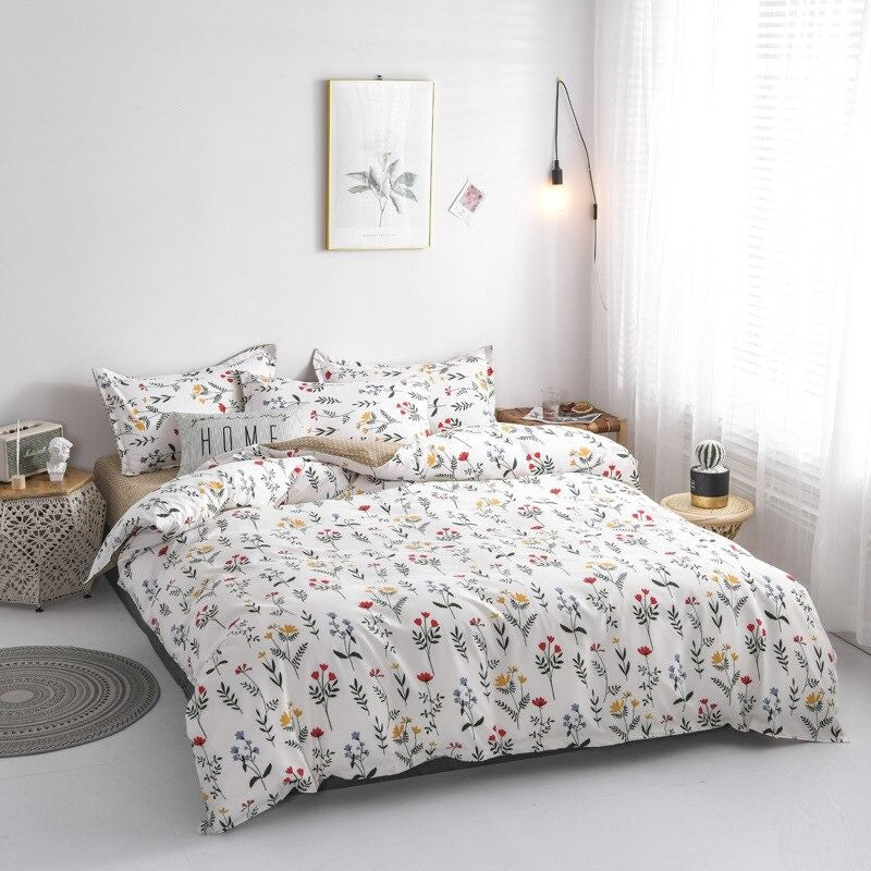 red and yellow flowers white background bright floral print soft brown polka dots aesthetic bedding set roomtery