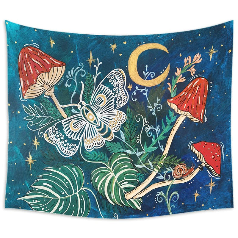 mystical floral and mushrooms watercolor print fairy room aesthetic tapestry roomtery