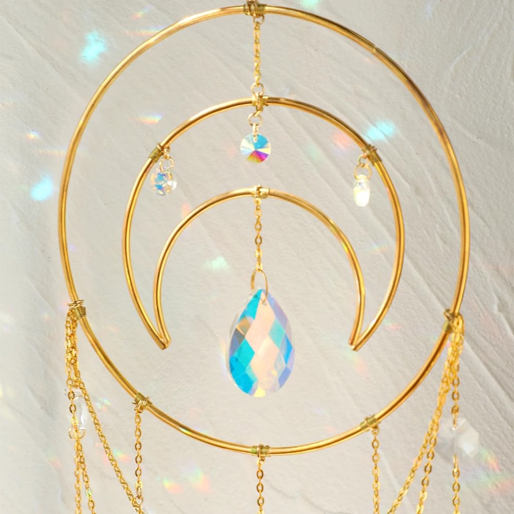 golden metal frame moon shaped suncatcher light catcher aesthetic fairycore wall hanging decor roomtery