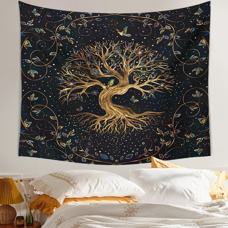 golden tree of life aesthetic tapestry wall hanging decor roomtery