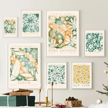green leaves and flowers painted wall art prints aesthetic canvas posters roomtery