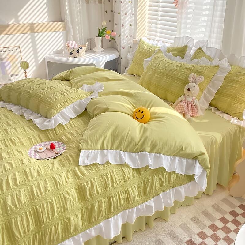 kawaii aesthetic korean riibed ruffle bedding set roomtery