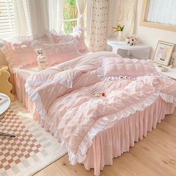 kawaii aesthetic korean riibed ruffle bedding set roomtery