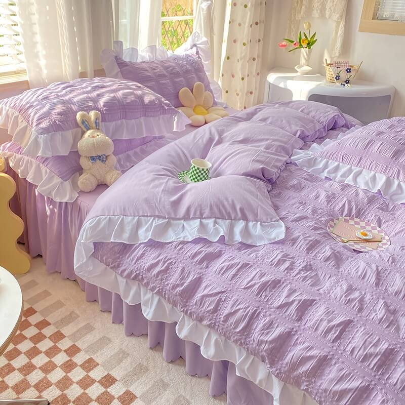 kawaii aesthetic korean riibed ruffle bedding set roomtery