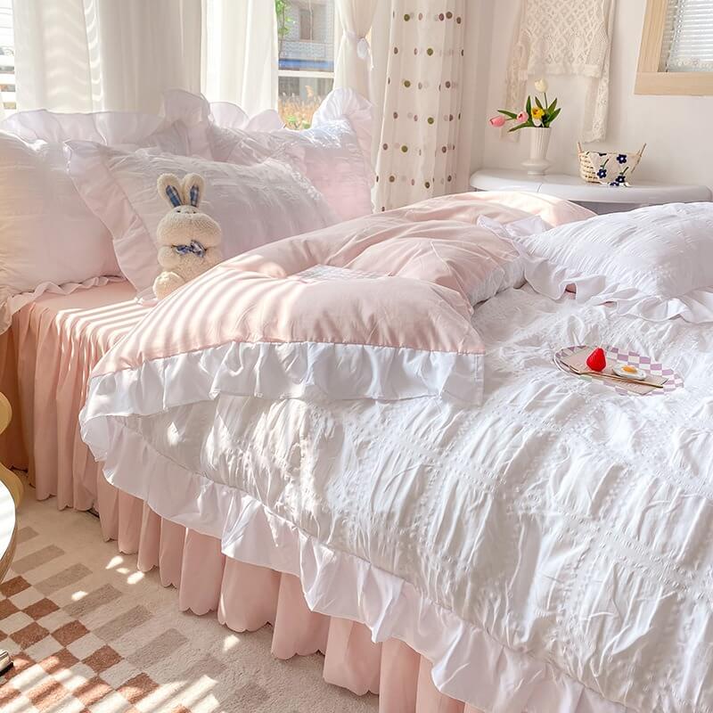 kawaii aesthetic korean riibed ruffle bedding set roomtery