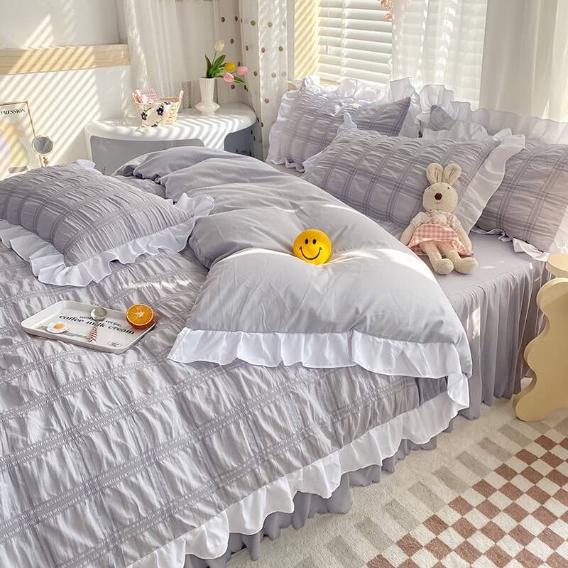 kawaii aesthetic korean riibed ruffle bedding set roomtery