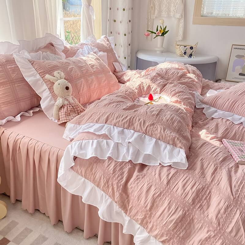 kawaii aesthetic korean riibed ruffle bedding set roomtery