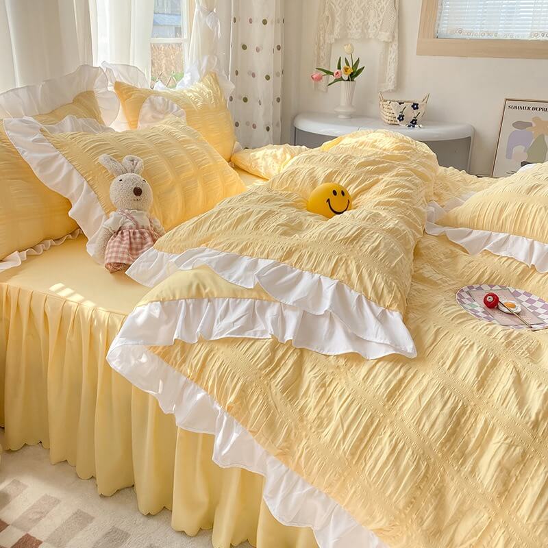 kawaii aesthetic korean riibed ruffle bedding set roomtery