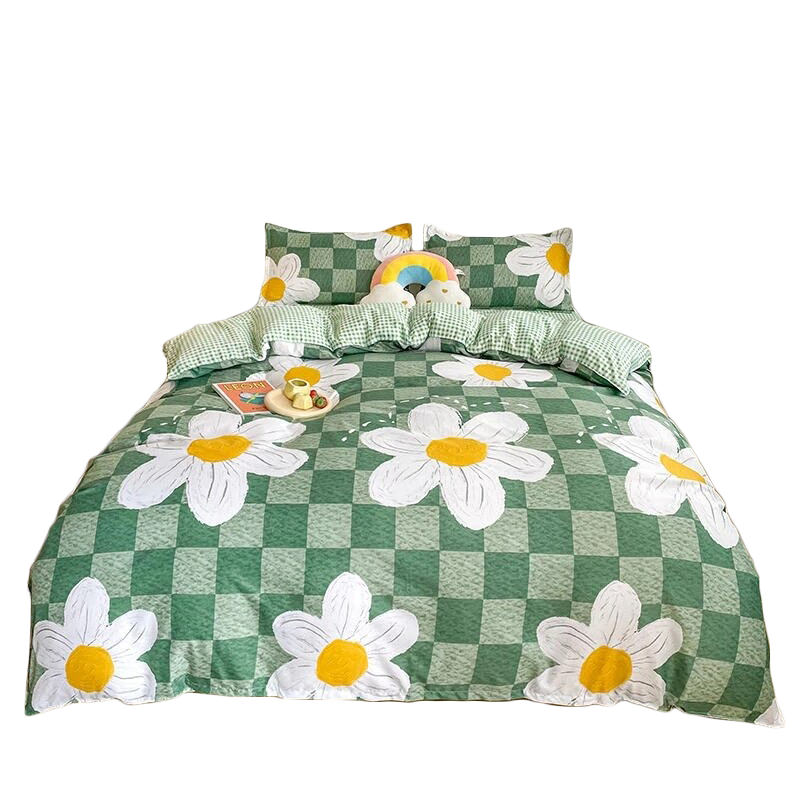 daisy flower checkered green aesthetic bedding set decor roomtery