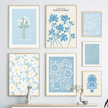 pale blue aesthetic canvas wall art pastel flower poster roomtery