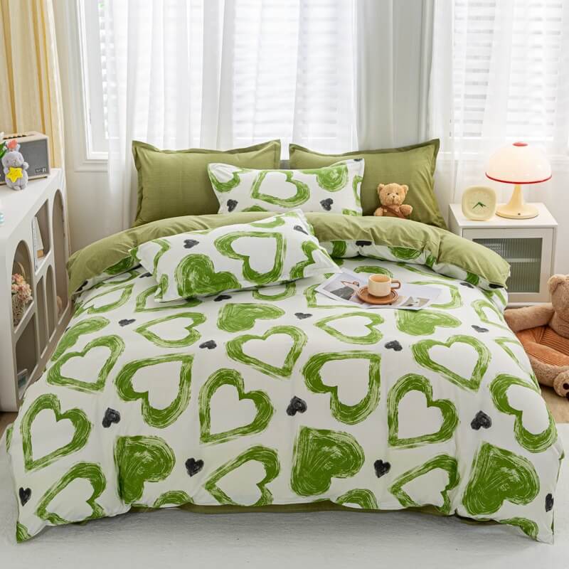 cute hand drawn green hearts pattern aesthetic bedding set roomtery
