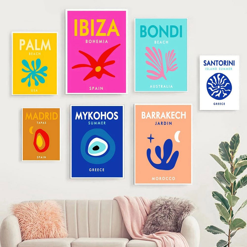 preppy aesthetic wall art canvas posters bright colorful splashy cities roomtery