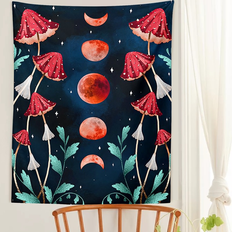 botanical amanita mushrooms print red moon phases dark fairycore room decor roomtery
